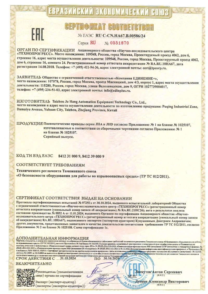 Pneumatyczne produkty siłownika Juhanga pomyślnie uchwalił certyfikat EAC